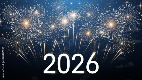 Vibrant fireworks display in night sky with 2026 text overlay, celebration and festivity concept with sparkling explosions
