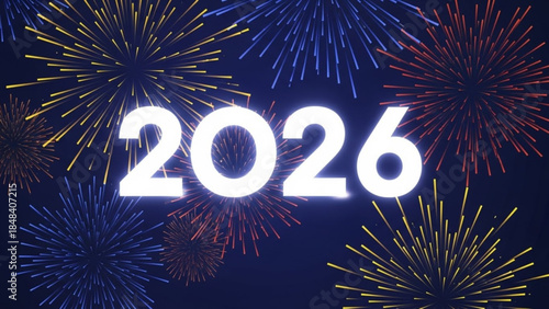 Vibrant colorful fireworks exploding in night sky with large white 2026 text overlay