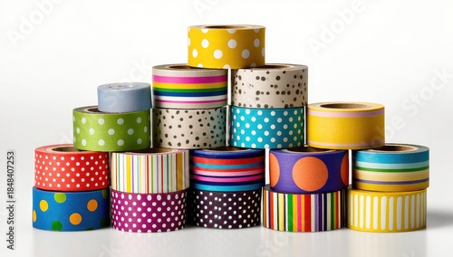 Colorful rolls of patterned ribbon stacked in a pyramid shape