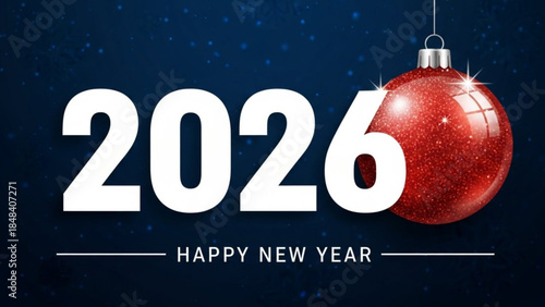 Glittering red christmas ornament hanging beside large white 2026 text on dark blue starry background with happy new year message
