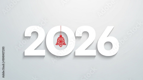 2026 new year celebration decoration with red christmas bell hanging on zero, white numbers on gray background