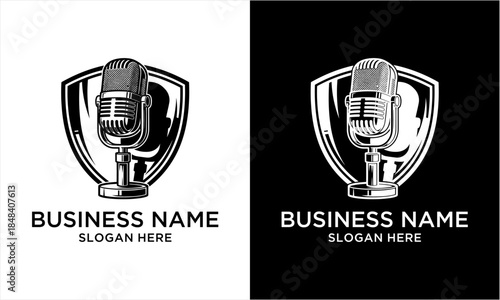 Vintage Microphone Shield Logo Design for Business Branding.