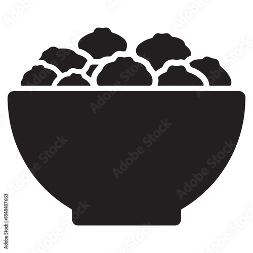  A simple black icon of a bowl filled with popcorn, suitable for food related designs
