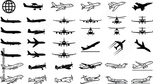 Diverse Aviation Icon Set Featuring Passenger Airplanes, Military Jets, Helicopters, Propeller Planes, and Private Gliders Silhouettes for Travel and Transport Design.