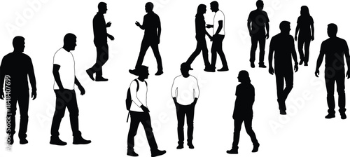 Black and white silhouettes of diverse people walking, standing, and interacting casually, representing a crowded public area, social connection, and city lifestyle.