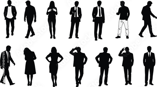 Professional Business People Silhouettes Vector Collection; Diverse Men and Women Walking, Standing, and Posing in Formal and Casual Corporate Attire.