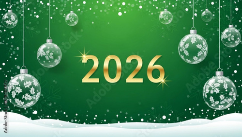 New year 2026 celebration with hanging transparent glass christmas ornaments on green background with snow