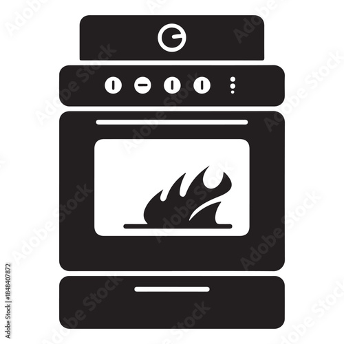  Black silhouette icon of a gas oven with flames inside the cooking compartment