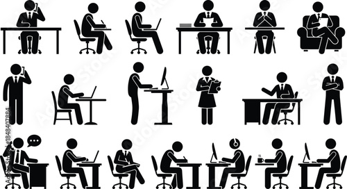Professional Office Business People Icon Set; Stick Figure Silhouettes Working at Desk, Using Computer, Calling, and Meeting in Corporate Environment.