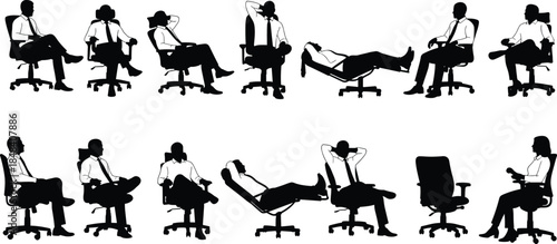 Set of business people silhouettes sitting in office chairs, professional employees relaxing, working, and reclining in ergonomic desk chair postures. (21 words)
