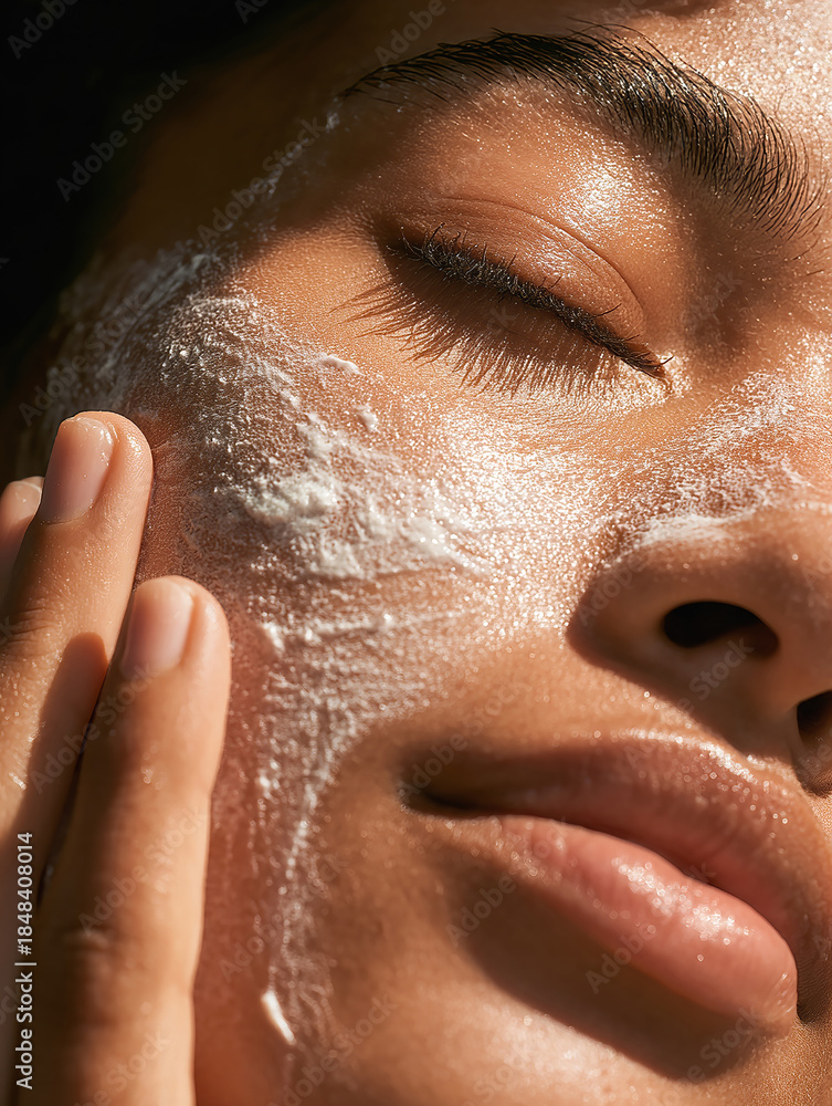 Fototapeta premium Close-up of a Latina woman's face with a white cream mask on the entire cheek and a hand holding it. Concept: Skincare, wellness