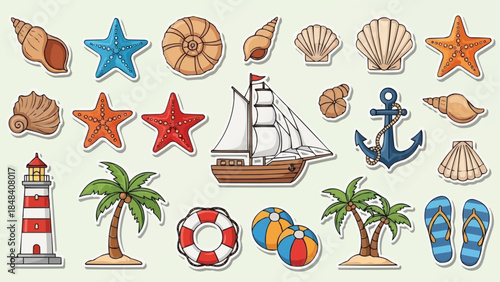 Collection of Nautical and Beach Themed Illustrations.