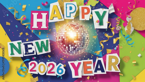 Vibrant colorful new year's eve celebration background with disco ball, confetti, and 'happy new 2026 year' text in bold playful