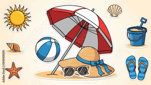 Beach Umbrella Hat Sunglasses and Beach Ball on Sand.