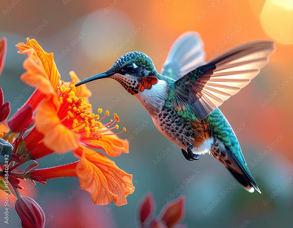 Obraz premium A vibrant hummingbird feeding on a bright orange flower, showcasing nature's beauty and intricate details in an enchanting setting.
