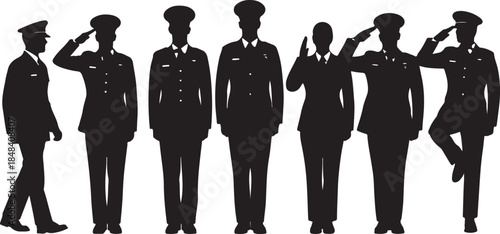 Silhouettes Of Six Soldiers In Uniform Saluting And Marching