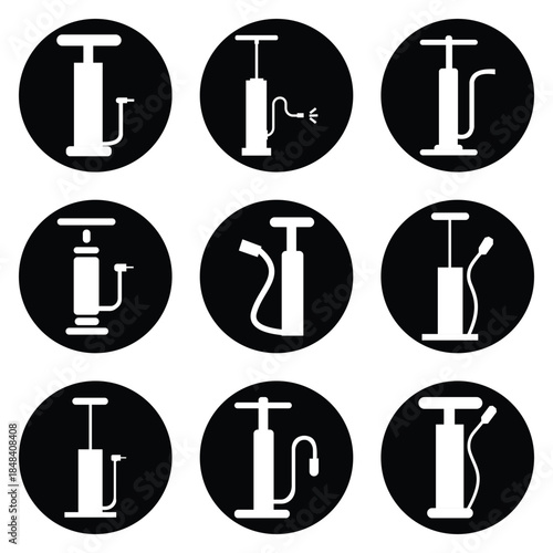 Air Pump Icon Set in Outline and Solid Style – Bicycle Tire Pump and Suspension Service Equipment Symbols for UI, UX and Mobile Apps