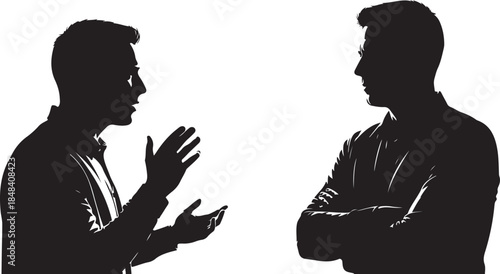 Silhouettes of two men in conversation discussion talking