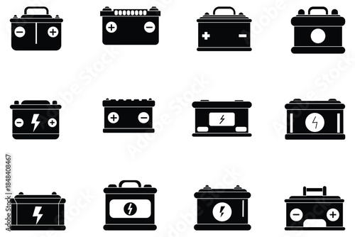 Car Battery Icon Set in Multiple Styles – Line, Solid, Silhouette and Flat Design Automotive Battery Symbols for UI, UX and Graphic Design