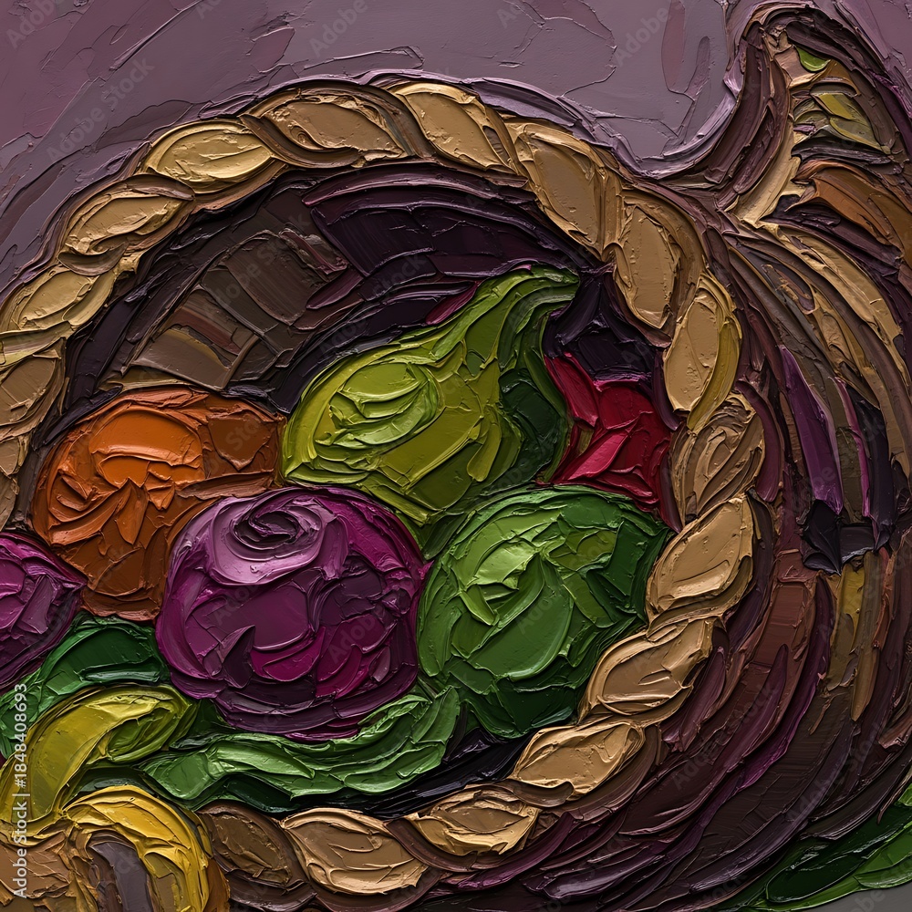 Obraz premium Colorful Abstract Still Life Painting of Fruit in a Woven Basket