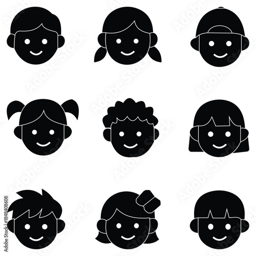 Avatar Icon Set of Women and Children Faces – Filled, Line and Flat Style Minimalist Character Icons with Emotions for Web and Mobile Apps