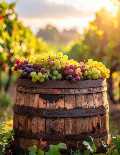 A rustic barrel filled with fresh grapes, surrounded by vibrant vines in a sunlit vineyard, symbolizing harvest and nature's bounty.