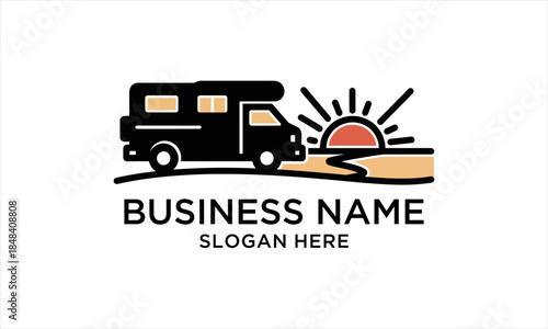 Camper van with sunset logo design for outdoor adventure and travel business.