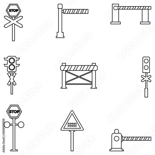 Barrier and Railway Crossing Icon Set – Outline, Thin Line, and Editable Vector Icons of Gates, Signals, and Safety Signs for Web and Transport Design