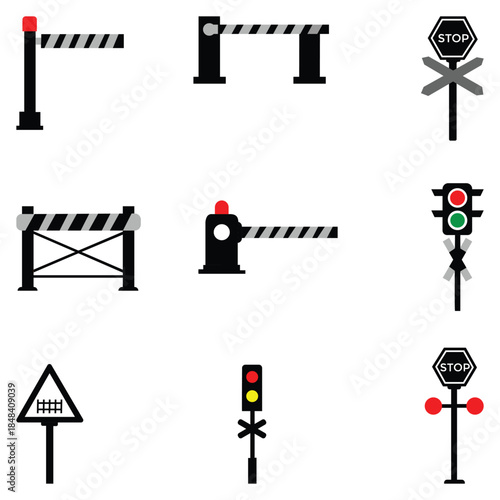 Barrier and Railway Crossing Icon Set – Outline, Thin Line, and Editable Vector Icons of Gates, Signals, and Safety Signs for Web and Transport Design