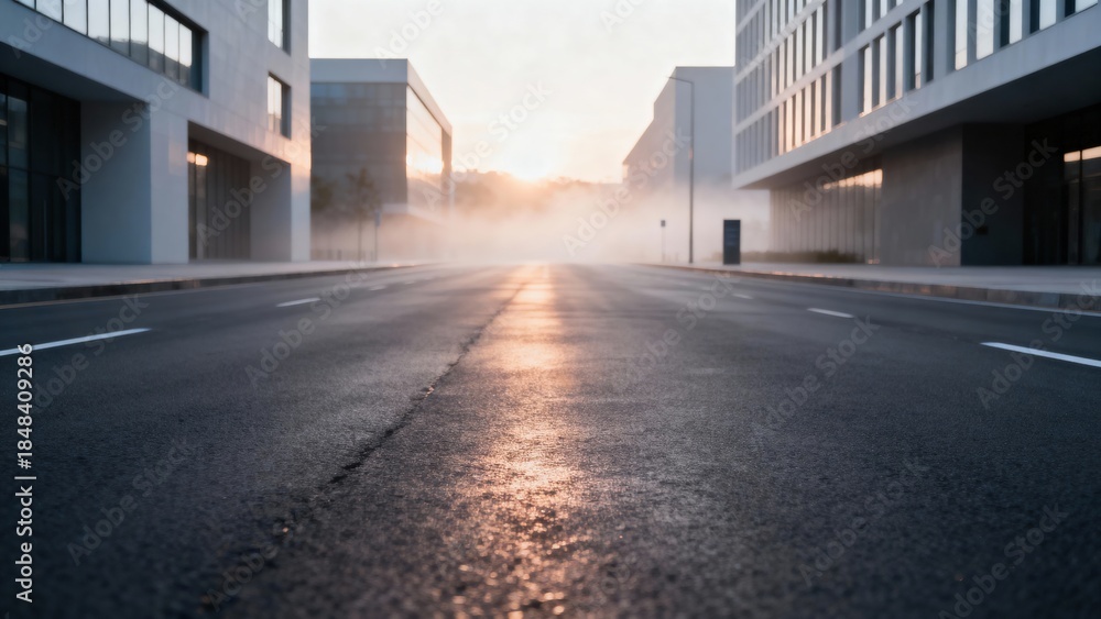 Fototapeta premium Urban street scene at dawn, showcasing a deserted road with wet asphalt reflecting sunlight, surrounded by modern architecture and a misty atmosphere, creating a serene and tranquil environment
