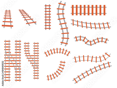 Railway and Railroad Parts Icon Set – Vector Collection of Train Tracks, Junctions, Borders, and Road Signs for Transportation and Infrastructure Design