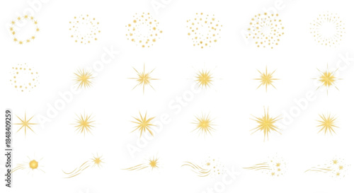 Collection of Golden Sparkling Effects and Stars on a White Background