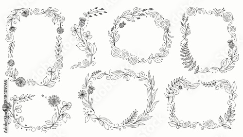 Collection of Hand Drawn Floral Wreath and Border Designs.