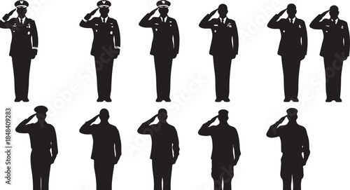 Ten Silhouettes Of Soldiers In Uniform Saluting On White Background