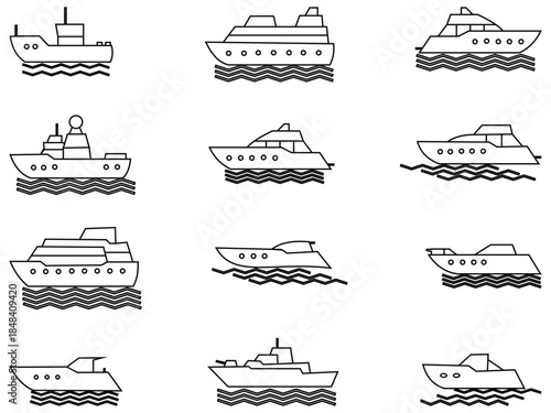 Ship Icon Set – Vector Cargo, Tugboat, and Pirate Ships in Filled, Outline, Line, and Stroke Styles for Mobile, Web, and App Design