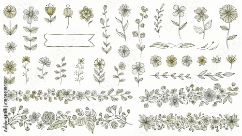 Collection of Delicate Hand-Drawn Botanical Illustrations and Floral Elements.