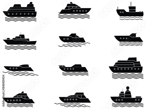 Ship Icon Set – Vector Cargo, Tugboat, and Pirate Ships in Filled, Outline, Line, and Stroke Styles for Mobile, Web, and App Design