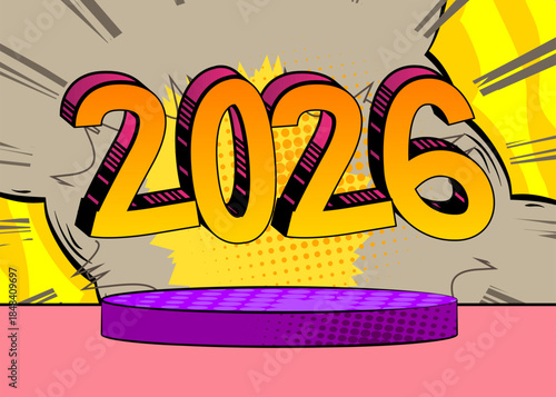 Comic Book Product podium stage for mockup presentation with 2026. Retro comics background.