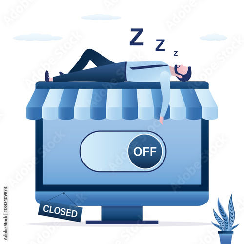 Business break, burnout and fatigue from shopping. Shop closed, off button. Male consumer tired of online shopping process. Businessman sleeping on computer screen.