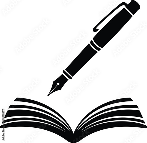 Classic fountain pen hovering over open book symbolizing writing and knowledge