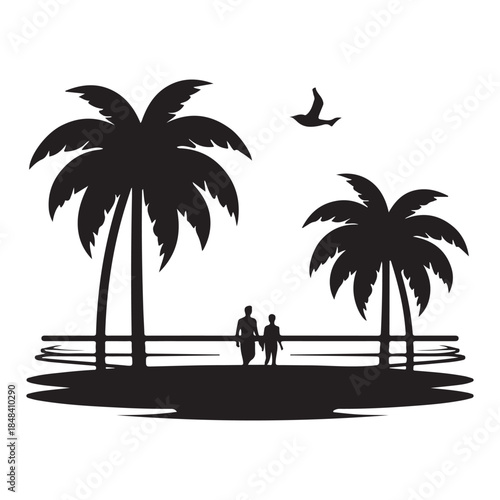  Black and white silhouette illustration of a tropical beach with palm trees and walking figures