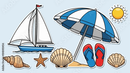 Summer Beach Vacation Elements Collection with Sailboat and Umbrella.
