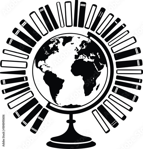 Globe surrounded by an array of books symbolizing global knowledge and education
