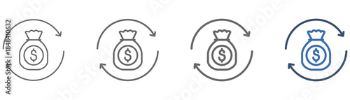 
outline icon set return on investment with design of two semicircles top and bottom and money bag