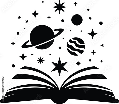 Open book reveals a universe of stars planets and cosmic wonder