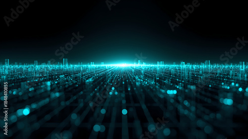 Abstract Digital Cityscape Background with Glowing Lights and Data Flow.
