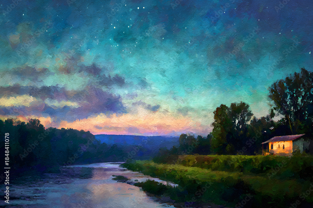 Obraz premium a painting of a house by a river