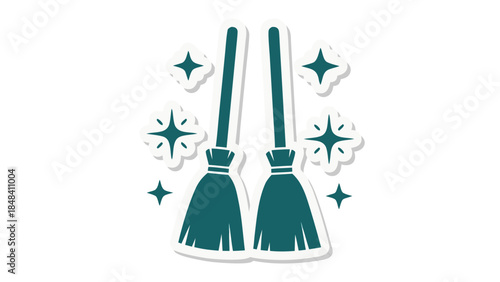 Two Teal Brooms and Sparkling Stars Icon