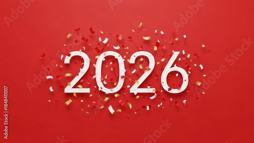 A bright red background with white 2026 text surrounded by gold and red confetti pieces