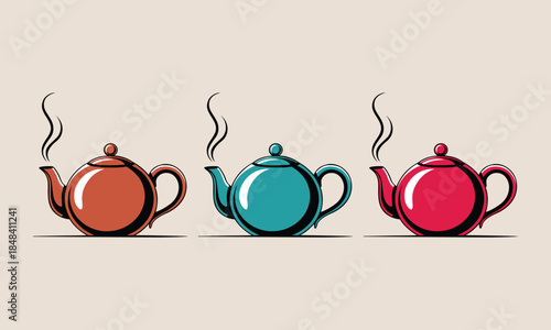 Colorful Teapots with Steam for Cozy Beverage Moments